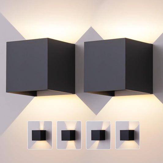 2 Pack Outdoor Wall Lights Exterior/Interior LED Wall Sconces IP65 Waterproof Square Aluminum Wall Lamps Outdoor Lighting Fixture Up and Down Lights Modern Black 12W 3000K Warm Lights