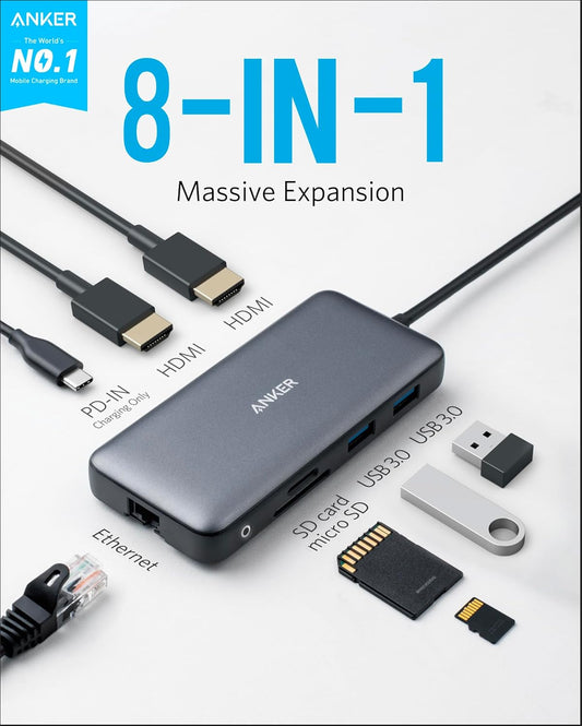 Anker 553 USB-C Hub, 8-in-1 USB C Dock, Dual 4K HDMI USB C to USB Adapter, 1 Gbps Ethernet USB Hub, 100W Power Delivery, SD Card Reader for MacBook Pro, XPS and More - PuriLite
