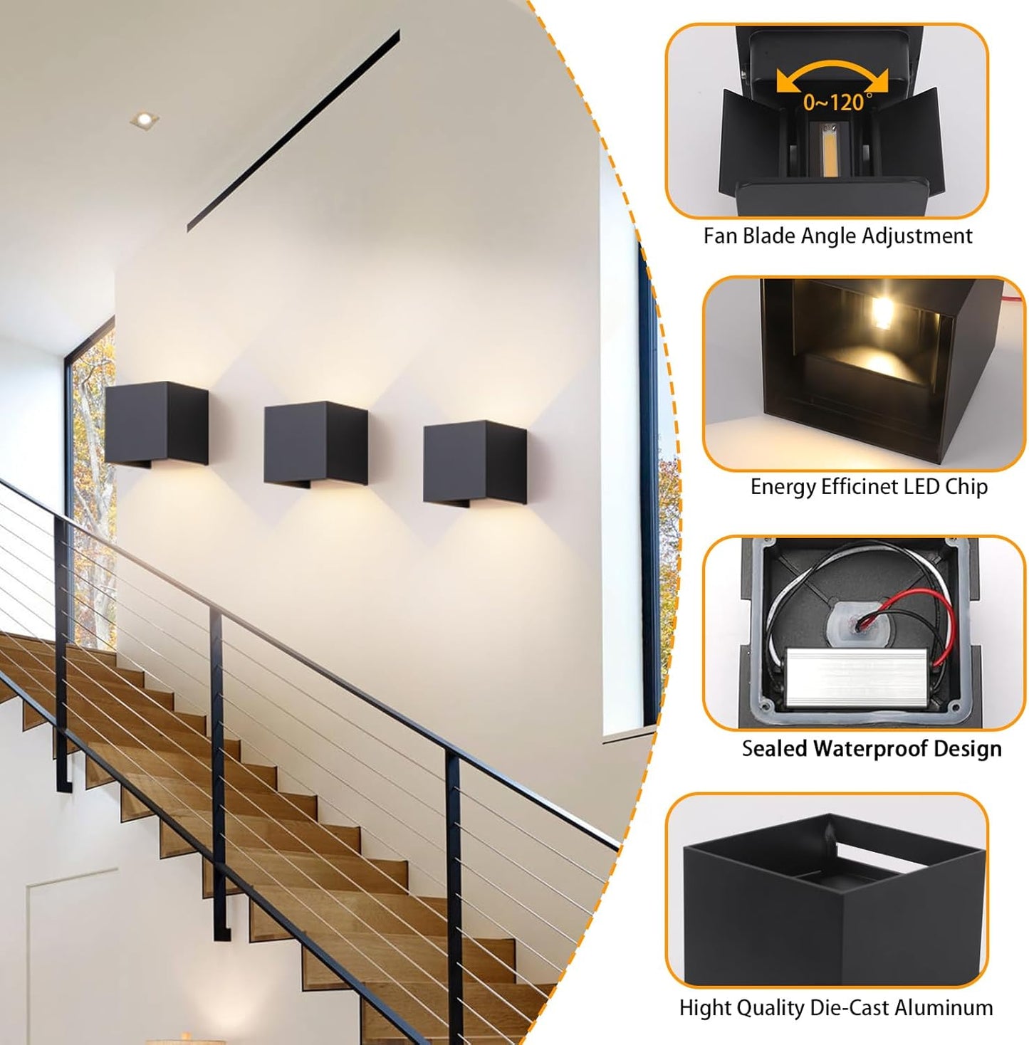 2 Pack Outdoor Wall Lights Exterior/Interior LED Wall Sconces IP65 Waterproof Square Aluminum Wall Lamps Outdoor Lighting Fixture Up and Down Lights Modern Black 12W 3000K Warm Lights