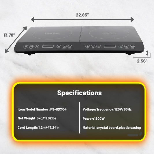 COOKTRON Double Induction Cooktop Burner, 1800W Induction Countertop 2 Burner Portable, Precision Temperature Independent Control, 10 Temperature 9 Power Settings, with Child Safety Lock & 4H Timer - PuriLite