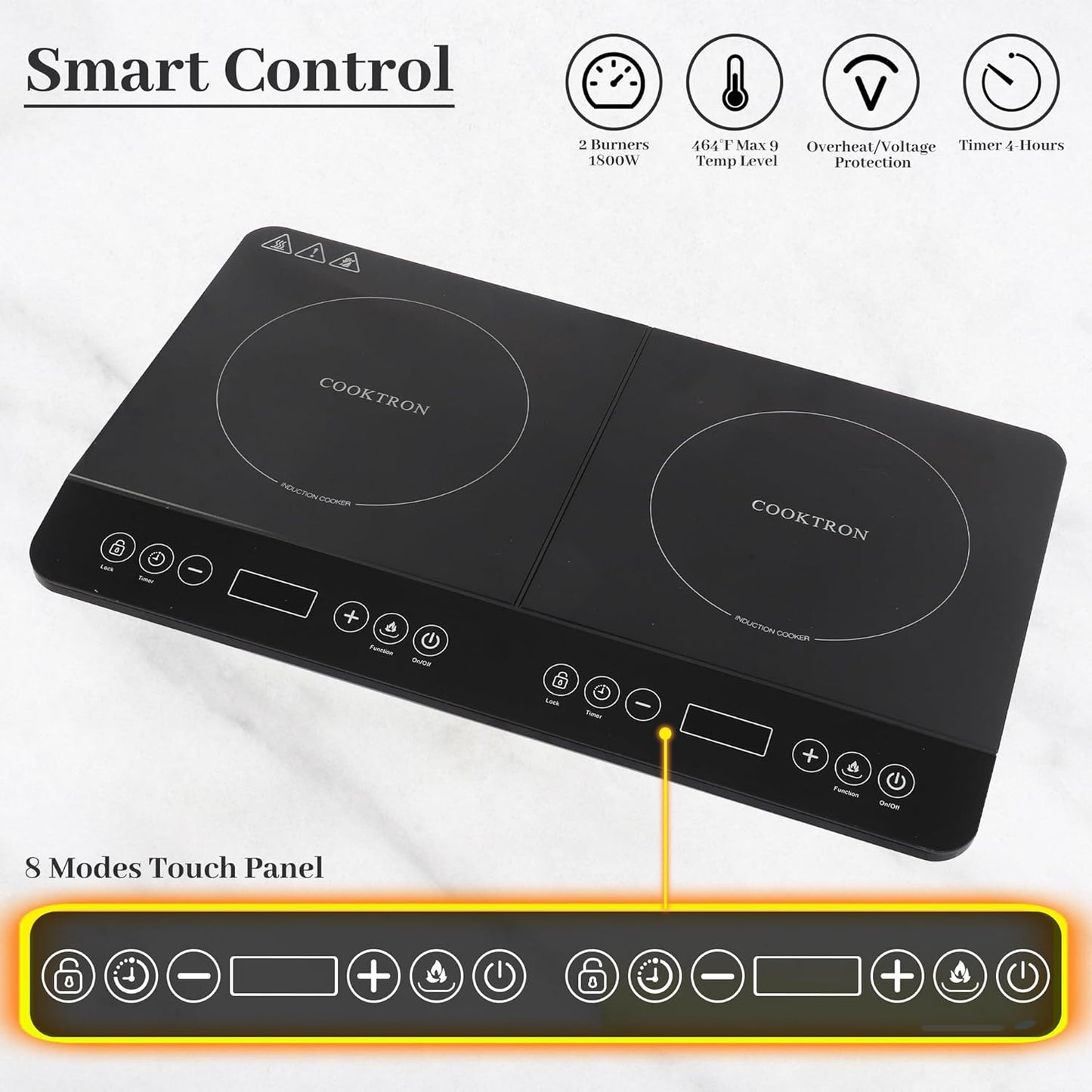 COOKTRON Double Induction Cooktop Burner, 1800W Induction Countertop 2 Burner Portable, Precision Temperature Independent Control, 10 Temperature 9 Power Settings, with Child Safety Lock & 4H Timer