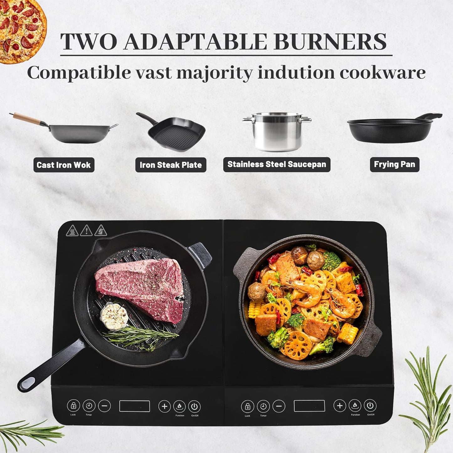 COOKTRON Double Induction Cooktop Burner, 1800W Induction Countertop 2 Burner Portable, Precision Temperature Independent Control, 10 Temperature 9 Power Settings, with Child Safety Lock & 4H Timer