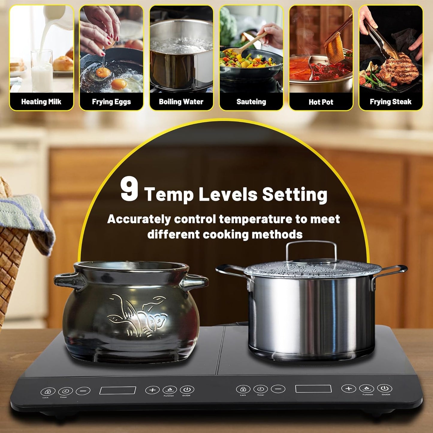 COOKTRON Double Induction Cooktop Burner, 1800W Induction Countertop 2 Burner Portable, Precision Temperature Independent Control, 10 Temperature 9 Power Settings, with Child Safety Lock & 4H Timer