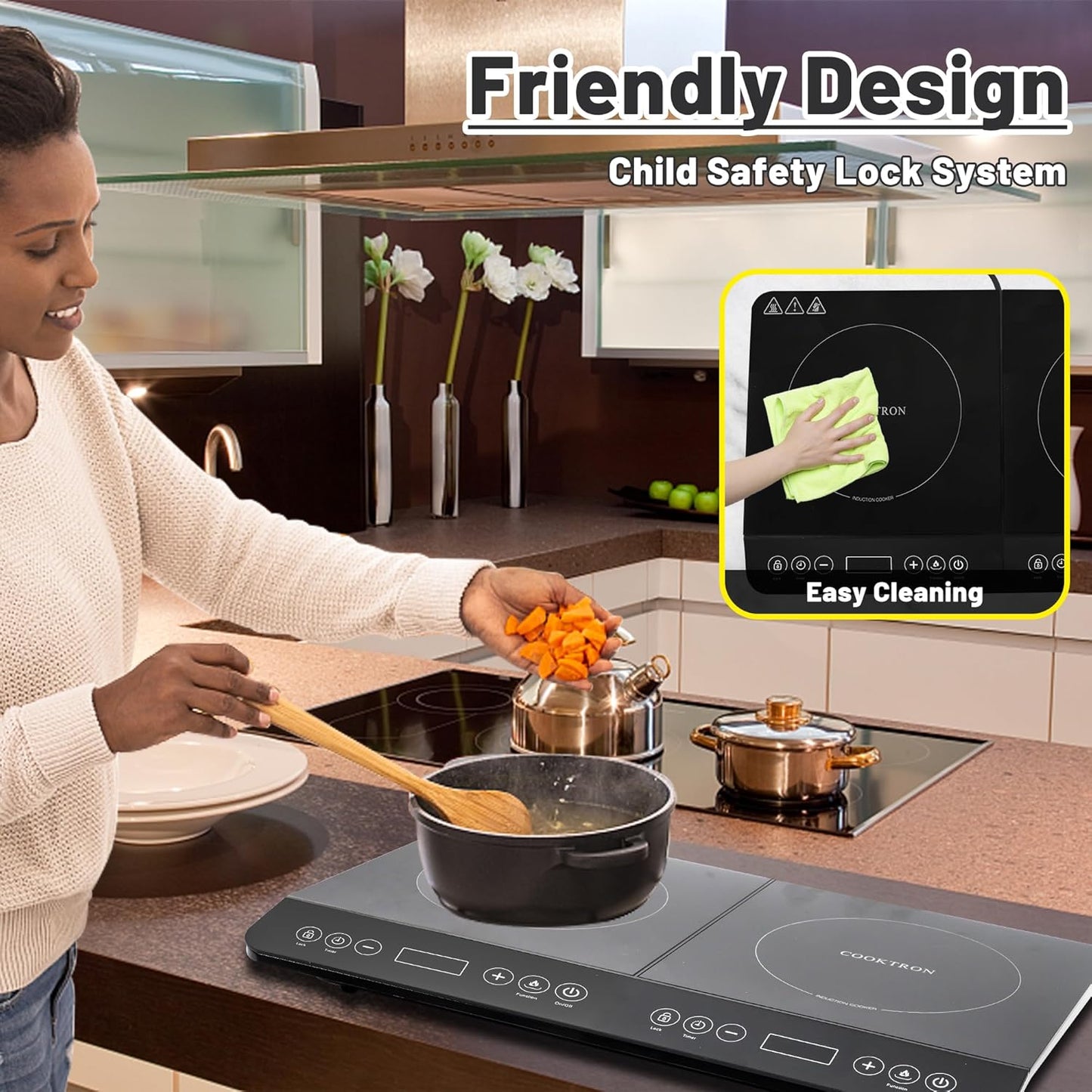 COOKTRON Double Induction Cooktop Burner, 1800W Induction Countertop 2 Burner Portable, Precision Temperature Independent Control, 10 Temperature 9 Power Settings, with Child Safety Lock & 4H Timer