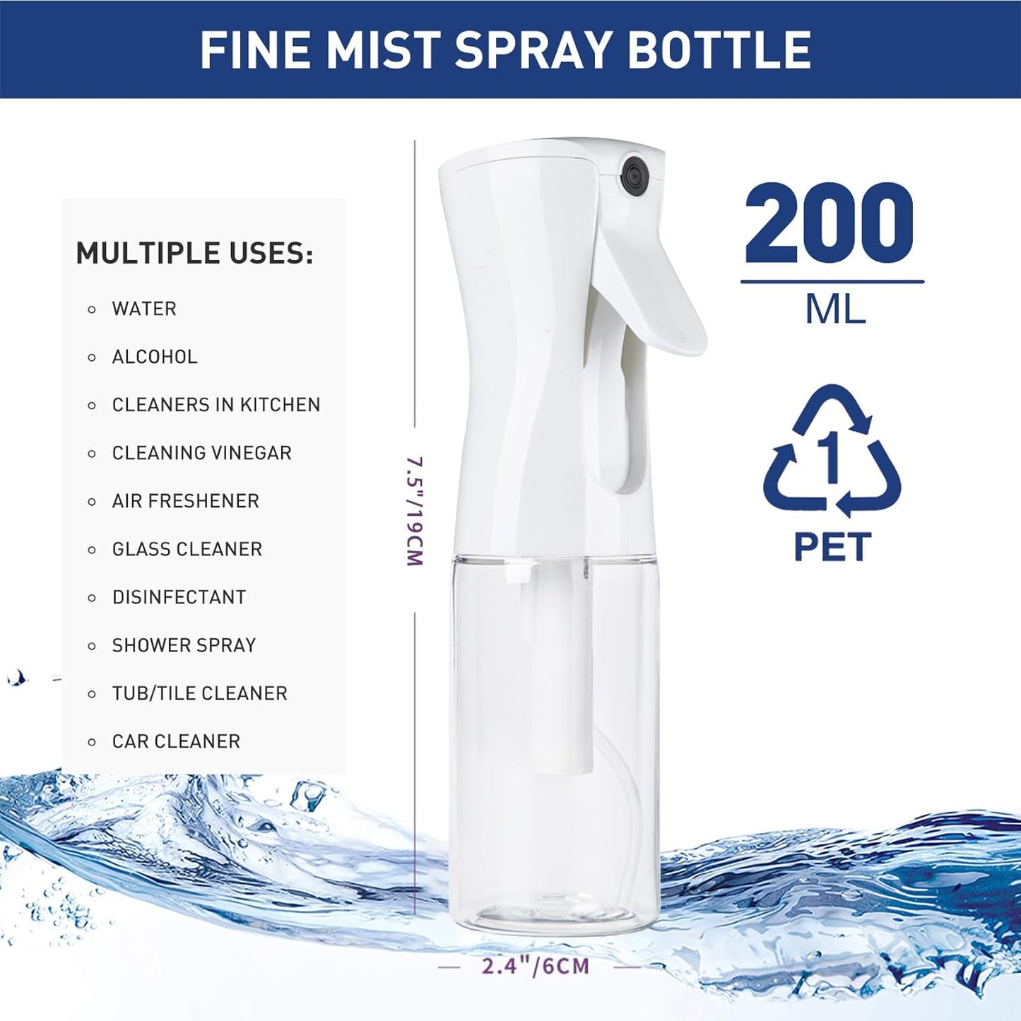 TANSHINE Continuous Hair Plant Mister Spray Bottle Fine Empty Small Mist Spray Bottles Mist Sprayer Water Alcohol Cleaning Spray Mist Bottle for Curly Hair Styling Products,Plants, 200ml,Clear