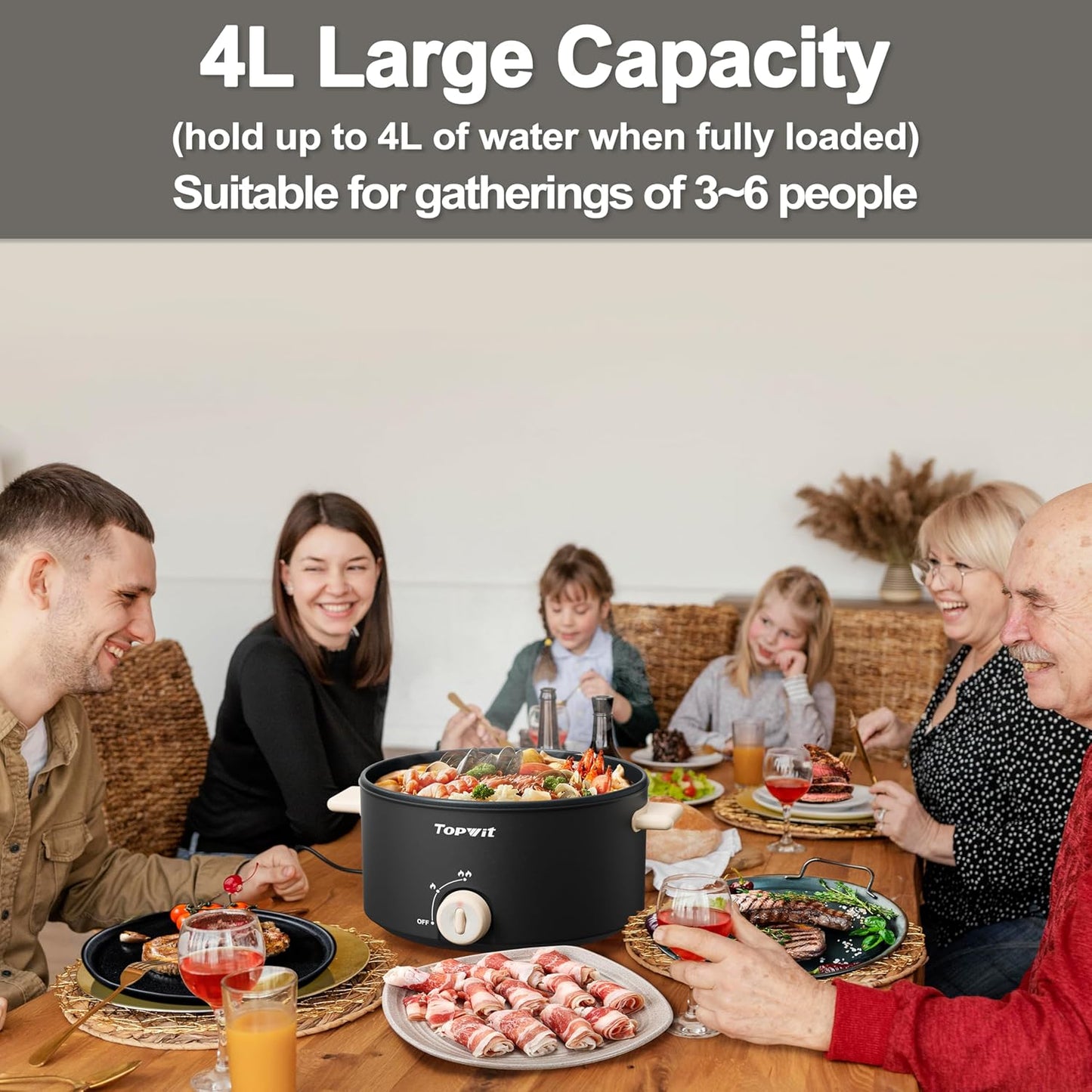 TOPWIT - 4.2 Quart Electric Pot with Non-Stick Coating, Dual Power Frying, Steak, Pasta, Multifunctional Large Capacity Shabu Shabu for Parties