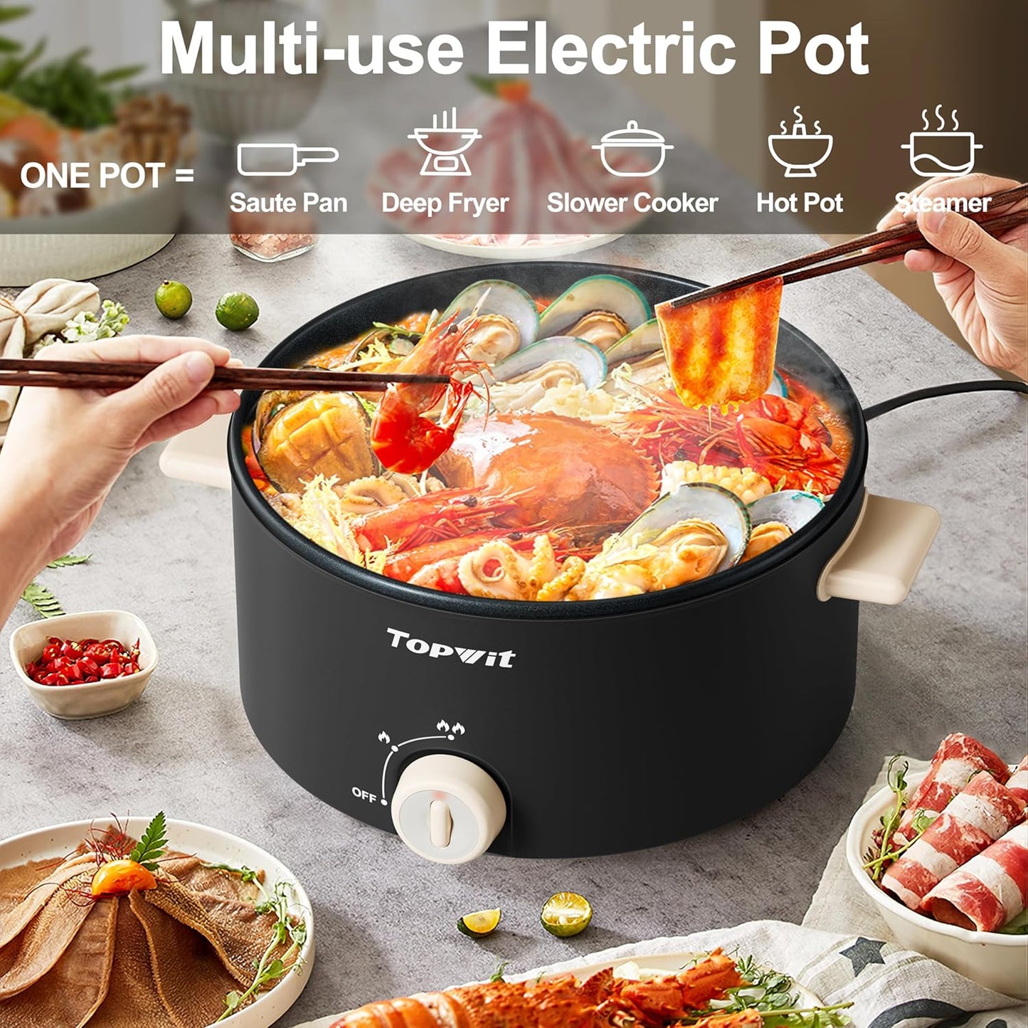 TOPWIT - 4.2 Quart Electric Pot with Non-Stick Coating, Dual Power Frying, Steak, Pasta, Multifunctional Large Capacity Shabu Shabu for Parties