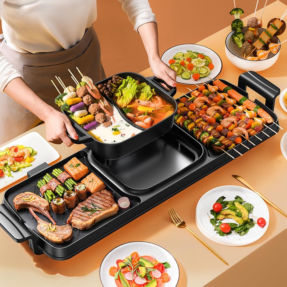 AORAN Smokeless Electric Hot Pot & Grill Combo, Large 9.5"x29" Non-Stick Design, 3 Adjustable Heat Levels, Easy to Clean,Includes Brushes, Tongs & Paper