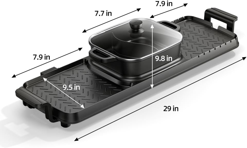 AORAN Smokeless Electric Hot Pot & Grill Combo, Large 9.5"x29" Non-Stick Design, 3 Adjustable Heat Levels, Easy to Clean,Includes Brushes, Tongs & Paper