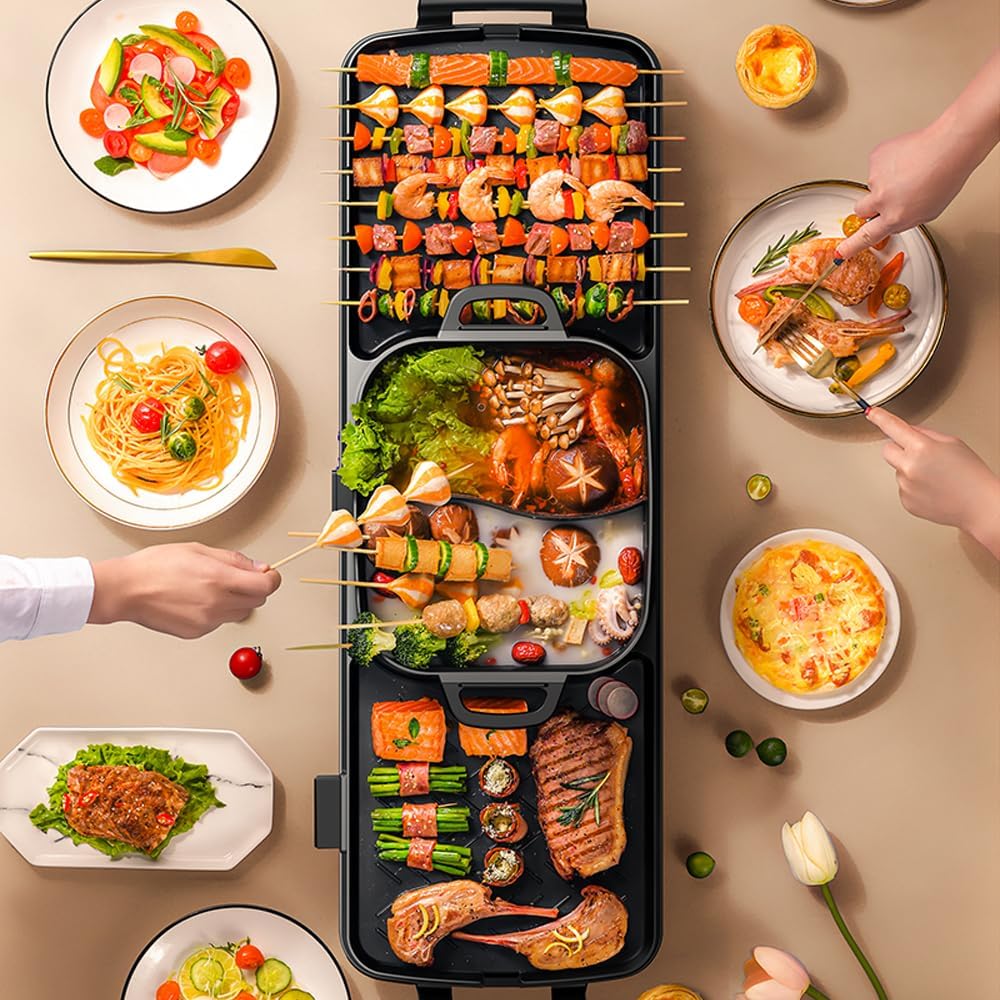 AORAN Smokeless Electric Hot Pot & Grill Combo, Large 9.5"x29" Non-Stick Design, 3 Adjustable Heat Levels, Easy to Clean,Includes Brushes, Tongs & Paper