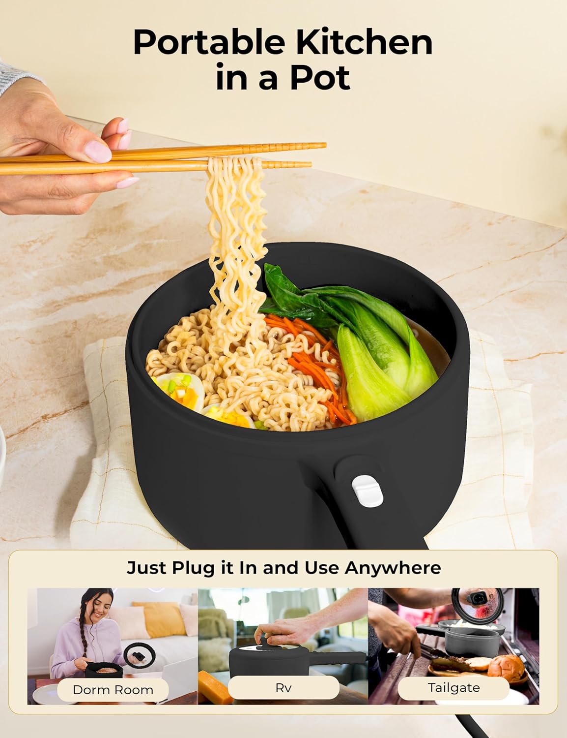 CERAMAX Electric Hot Pot with Lid and Steamer, 1.5L Ceramic Hot Pot Electric Skillet, Ramen Cooker, Portable Nonstick Hotpot Pot Electric Cooker Frying Pan for Dorm Room Essentials, Camping, RVs, Work