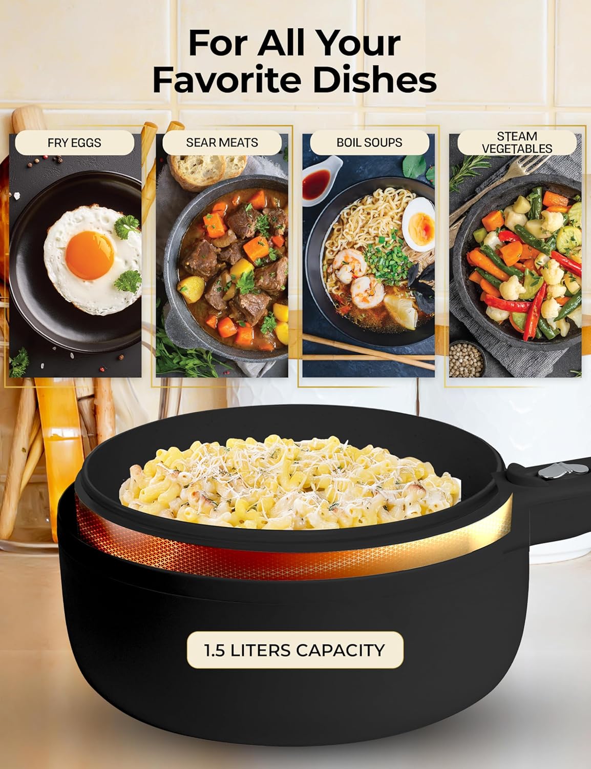 CERAMAX Electric Hot Pot with Lid and Steamer, 1.5L Ceramic Hot Pot Electric Skillet, Ramen Cooker, Portable Nonstick Hotpot Pot Electric Cooker Frying Pan for Dorm Room Essentials, Camping, RVs, Work