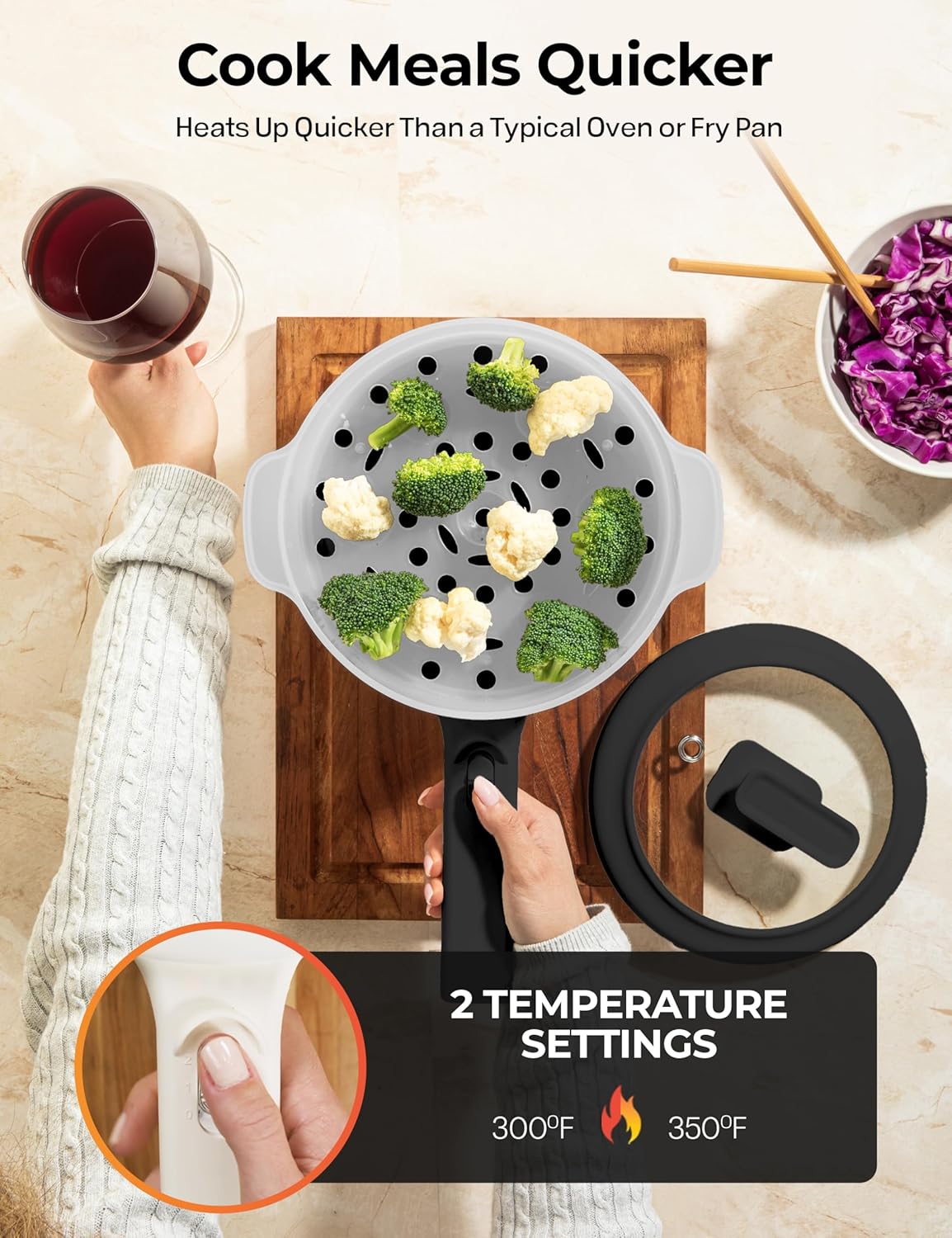 CERAMAX Electric Hot Pot with Lid and Steamer, 1.5L Ceramic Hot Pot Electric Skillet, Ramen Cooker, Portable Nonstick Hotpot Pot Electric Cooker Frying Pan for Dorm Room Essentials, Camping, RVs, Work