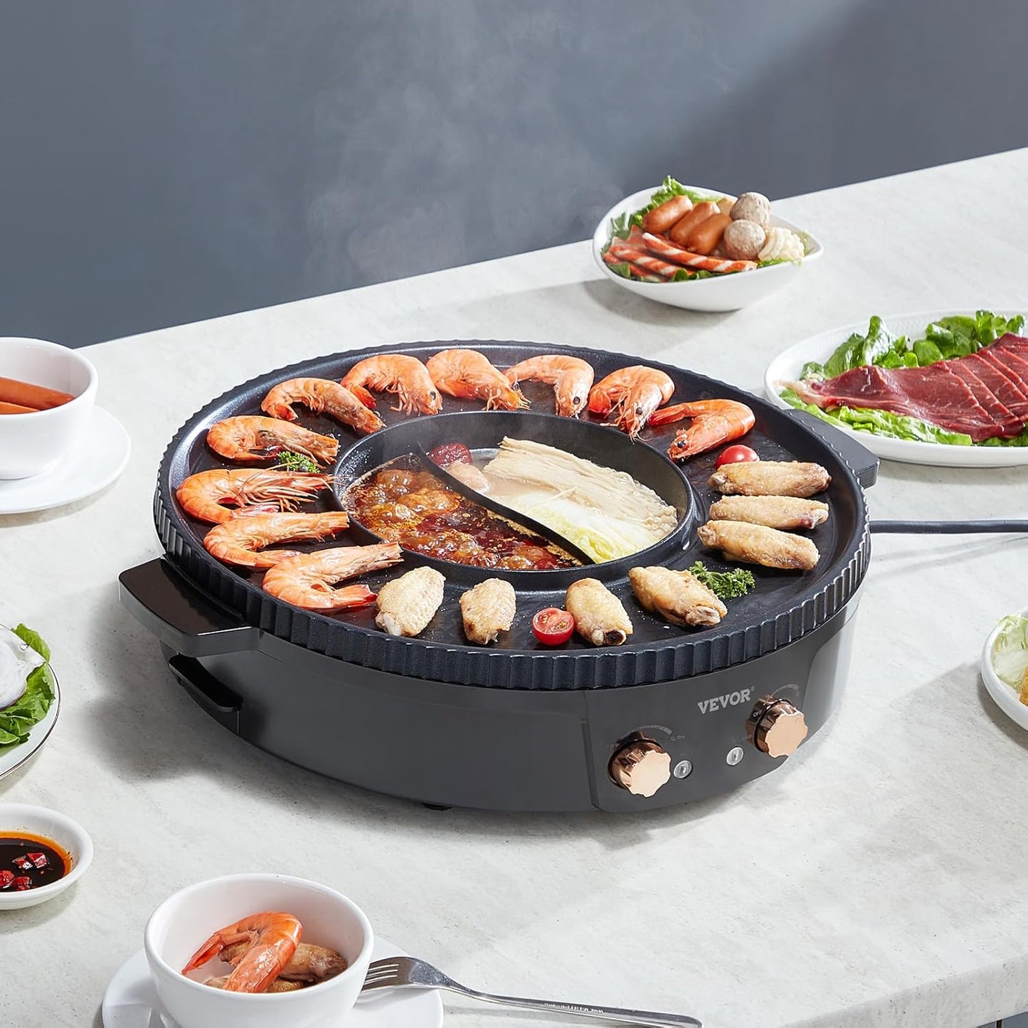 VEVOR Hot Pot with Grill, 1800W 2-in-1 Electric Smokeless Grill and Hot Pot, Korean BBQ Shabu Shabu Hotpot with Separate Dual Temperature Control, Non-Stick Pan, for 2-8 People Family Dining