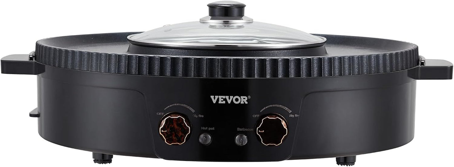 VEVOR Hot Pot with Grill, 1800W 2-in-1 Electric Smokeless Grill and Hot Pot, Korean BBQ Shabu Shabu Hotpot with Separate Dual Temperature Control, Non-Stick Pan, for 2-8 People Family Dining