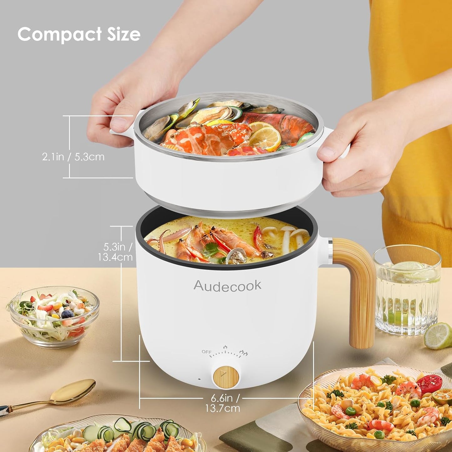 Audecook Hot Pot Electric with Steamer, 1.5L Portable Non-Stick Mini Rapid Ramen Cooker, Travel Multifunctional Electric Skillet with Dual Power Control for Pasta/Soup/Steak/Egg/Oatmeal (White)