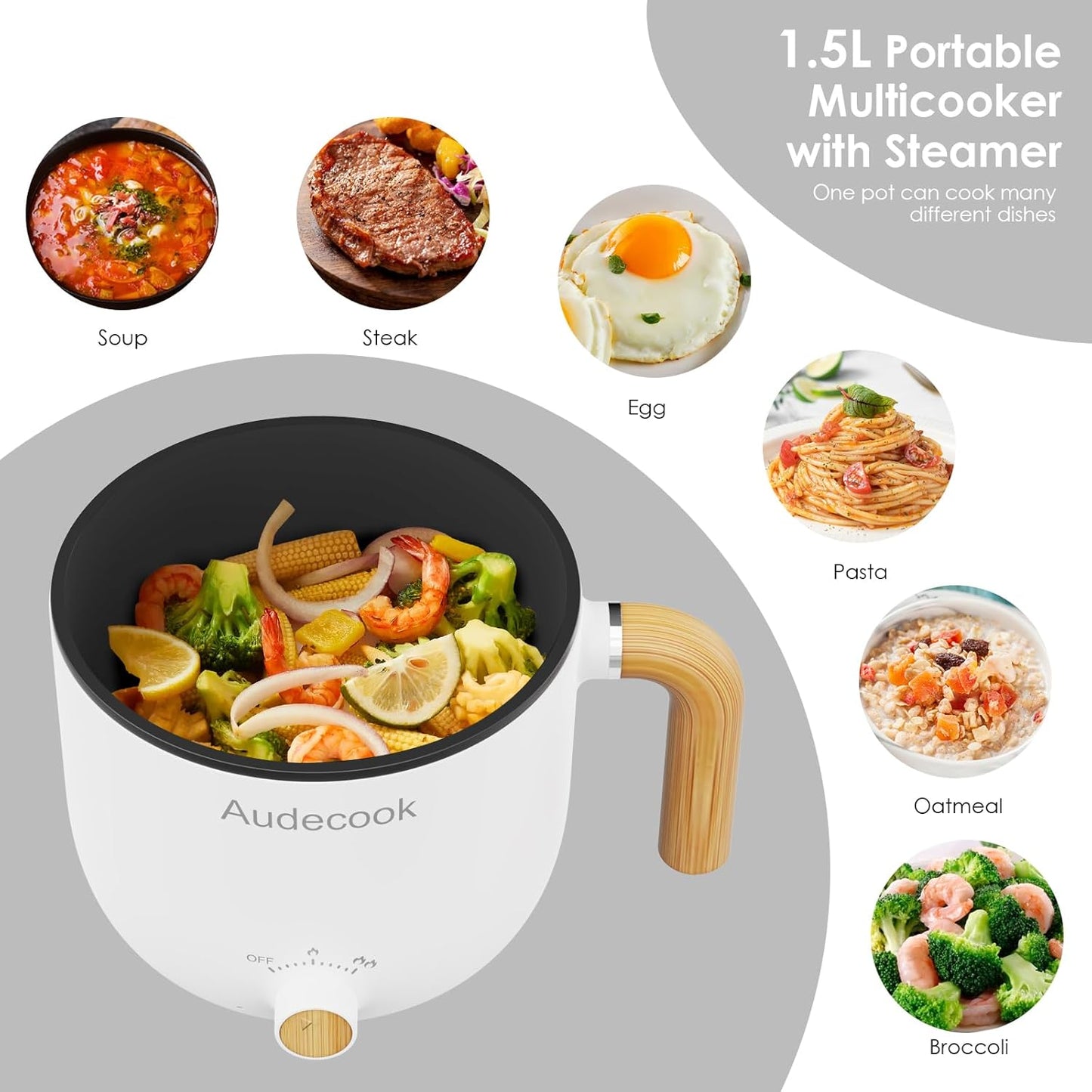 Audecook Hot Pot Electric with Steamer, 1.5L Portable Non-Stick Mini Rapid Ramen Cooker, Travel Multifunctional Electric Skillet with Dual Power Control for Pasta/Soup/Steak/Egg/Oatmeal (White)