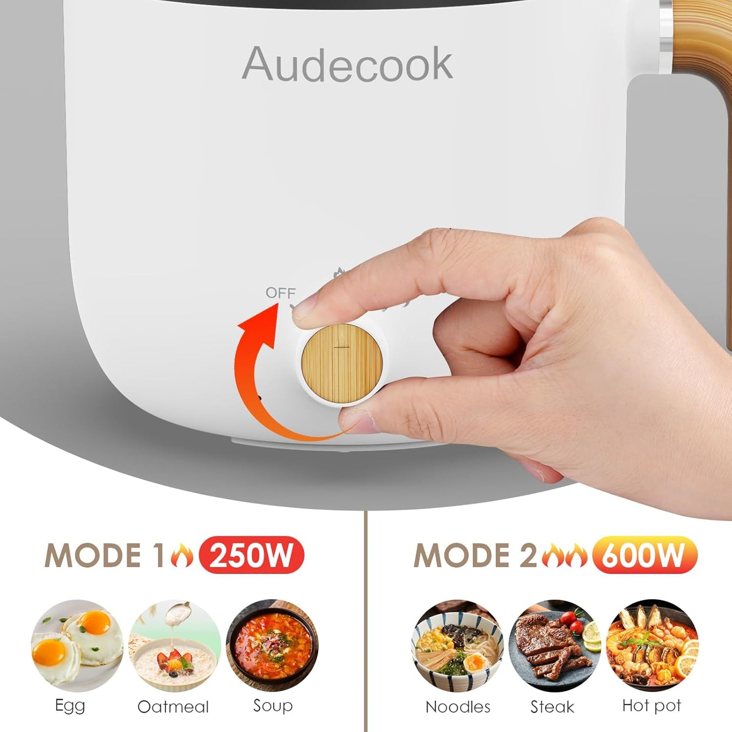 Audecook Hot Pot Electric with Steamer, 1.5L Portable Non-Stick Mini Rapid Ramen Cooker, Travel Multifunctional Electric Skillet with Dual Power Control for Pasta/Soup/Steak/Egg/Oatmeal (White)