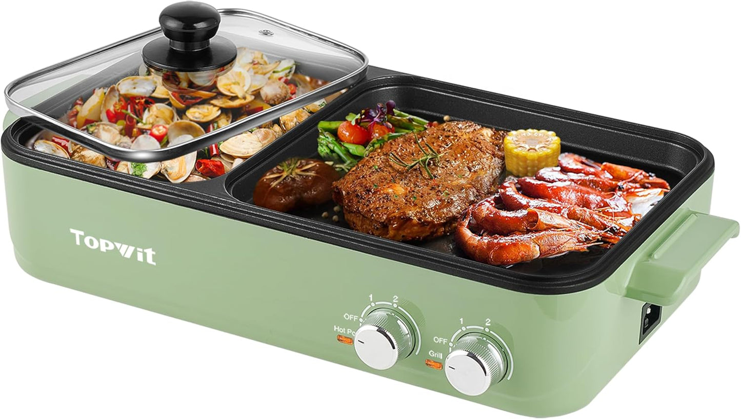 Topwit Shabu Shabu Pot with Grill, 2 in 1 Indoor Non-Stick Shabu Shabu Pot and Griddle for Korean BBQ, Steaks, Ramen and Noodles, Independent Dual Temperature Control, Fast Heating, Green