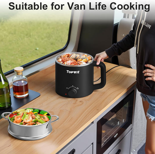 Topwit Hot Pot Electric with Steamer, 1.6L Ramen Cooker, Electric Pot for Pasta, Shabu-Shabu, Oatmeal, Soup and Egg, Portable Cooker with Dual Power Control, Dorm Room Essentials, Black - PuriLite
