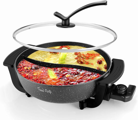 Food Party Hot Pot Electric Hotpot with Divider Shabu Shabu Hot Pot Non-Stick 6-Quart Large Chinese Pot Korean