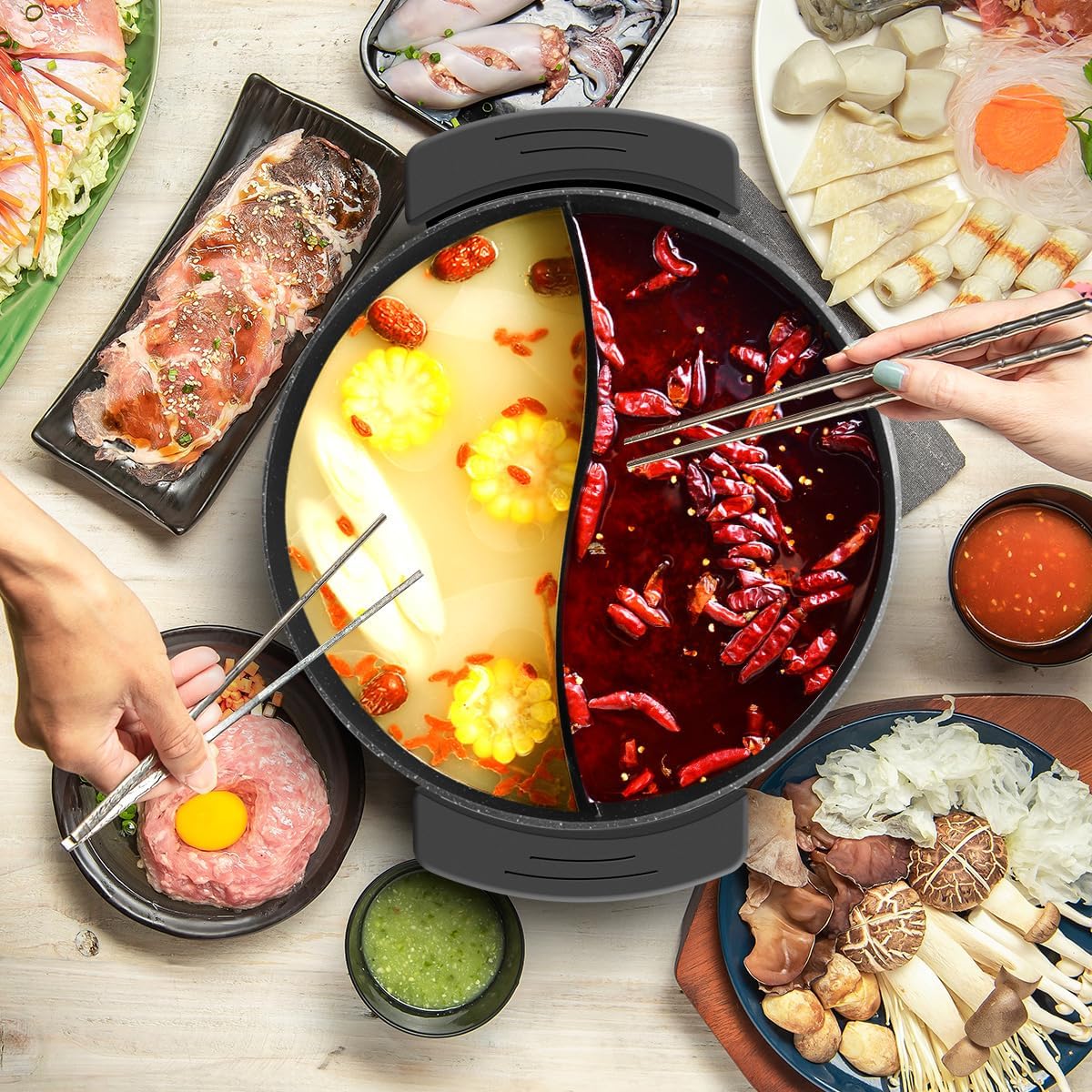 Food Party Hot Pot Electric Hotpot with Divider Shabu Shabu Hot Pot Non-Stick 6-Quart Large Chinese Pot Korean