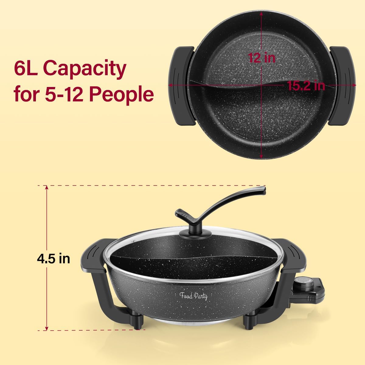 Food Party Hot Pot Electric Hotpot with Divider Shabu Shabu Hot Pot Non-Stick 6-Quart Large Chinese Pot Korean