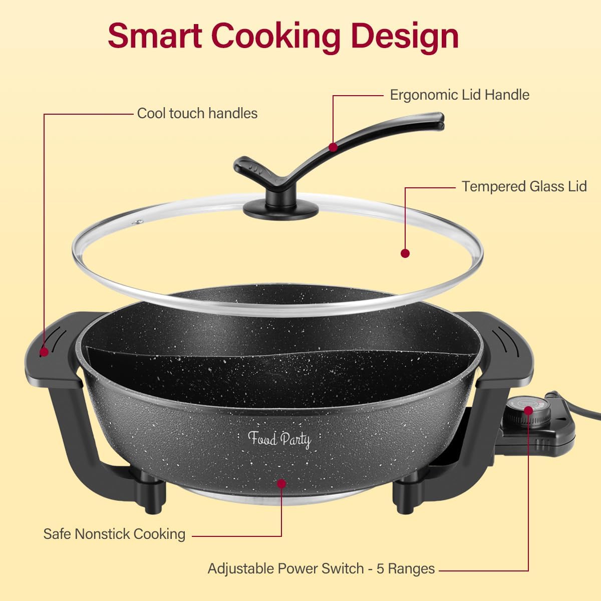 Food Party Hot Pot Electric Hotpot with Divider Shabu Shabu Hot Pot Non-Stick 6-Quart Large Chinese Pot Korean