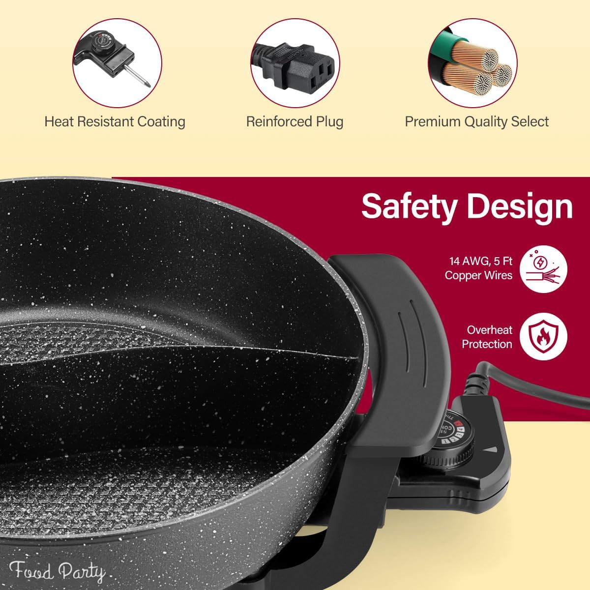 Food Party Hot Pot Electric Hotpot with Divider Shabu Shabu Hot Pot Non-Stick 6-Quart Large Chinese Pot Korean
