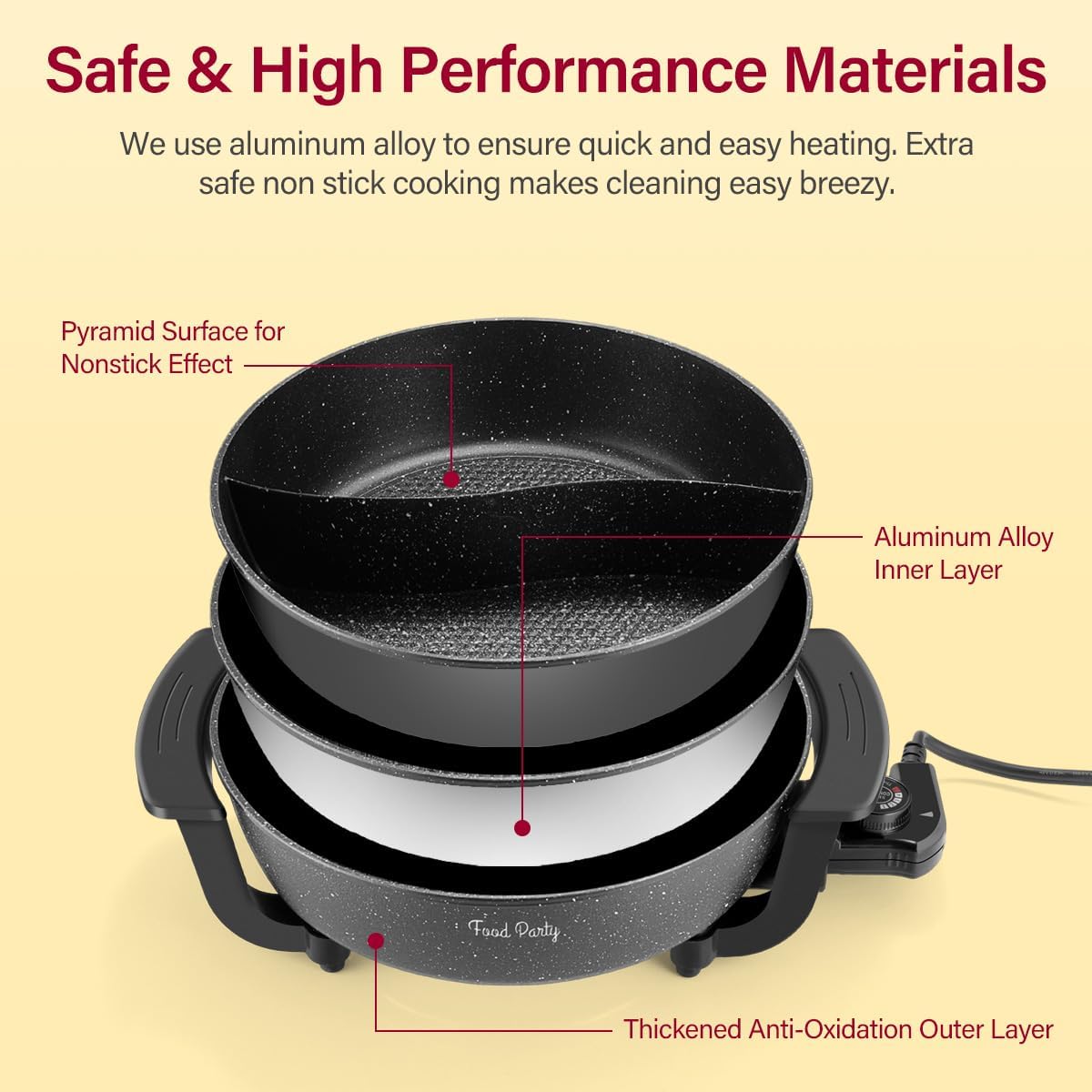 Food Party Hot Pot Electric Hotpot with Divider Shabu Shabu Hot Pot Non-Stick 6-Quart Large Chinese Pot Korean