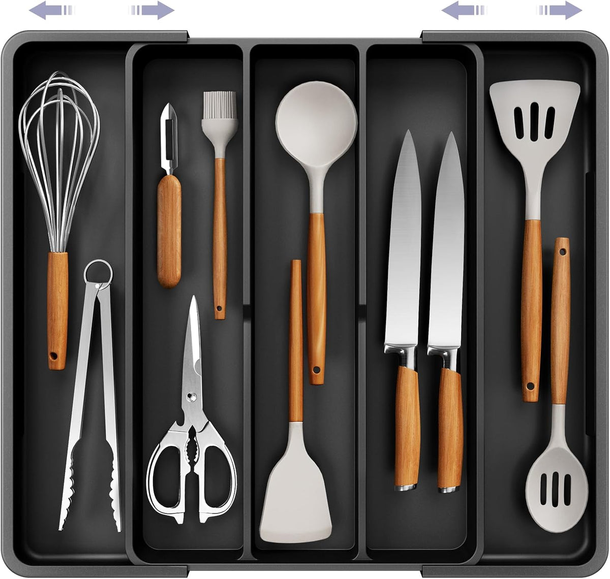 Expandable Cutlery Drawer Organizer with 5 Compartments, Adjustable Large Utensil Tray for Kitchen Drawers, Black Flatware Organizer for Home and Apartment Essentials - PuriLite