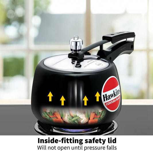 Hawkins 3 Litre Contura Black Pressure Cooker, Hard Anodised Inner Lid Cooker, Handi Cooker, Black (CB30) - PuriLite