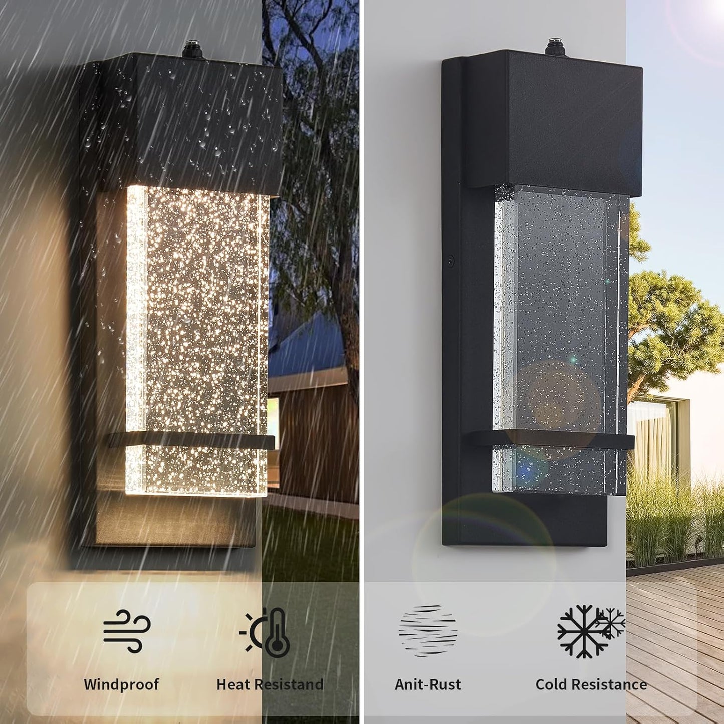 Yisuro Dusk to Dawn Porch Lights, Exterior Lights Fixture, Black Wall Light Fixture with Crystal Bubble Glass LED Wall Lamp, Modern Lantern for House Entryway Patio Garage (1 Pack)