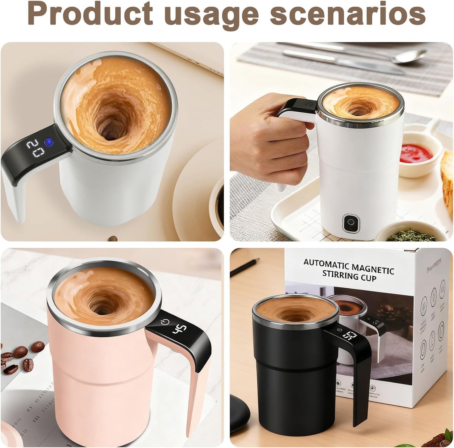 Automatic Self Stirring Coffee Mug with Magnetic Mixer, Rechargeable Electric Mixing Cup with Temperature Display, Portable 380ml Stirring Mug for Coffee, Milk, and Hot Cocoa