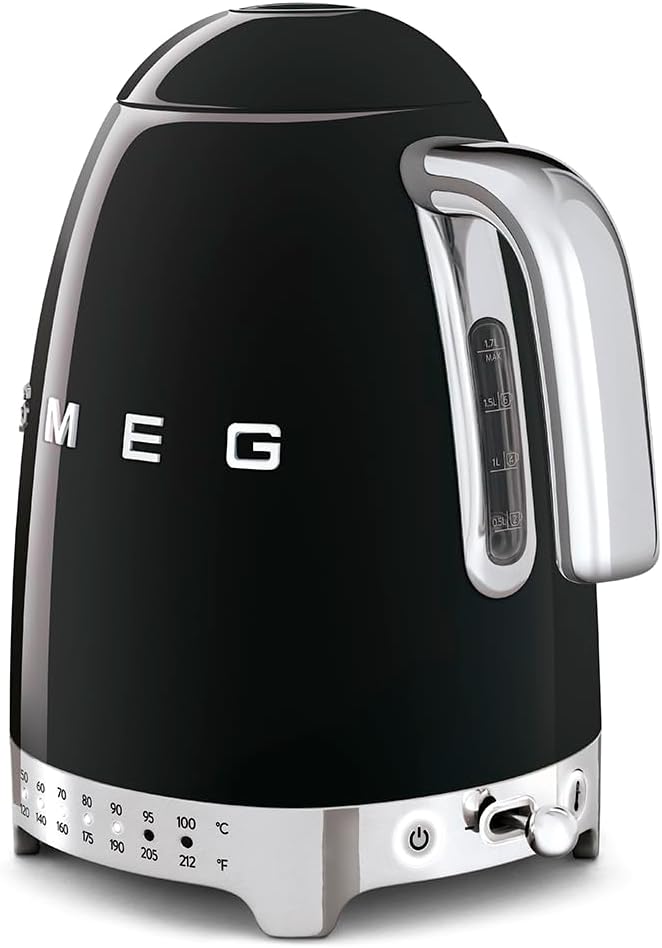 Smeg 50's Retro 7 Cup Stainless Steel Variable Temperature Electric Kettle with 7 Temperature Settings, Led Display, Swivel Base and Keep Warm Function Black KLF04BLUS
