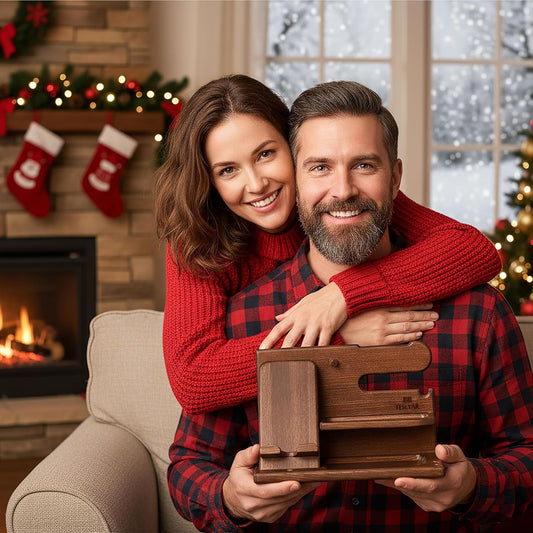 Solid Wood Phone Docking Station and Desk Organizer, Multifunctional Nightstand Charging Stand for Smartphone, Watch, Wallet, Keys and Everyday Essentials, Bourbon Brown - PuriLite