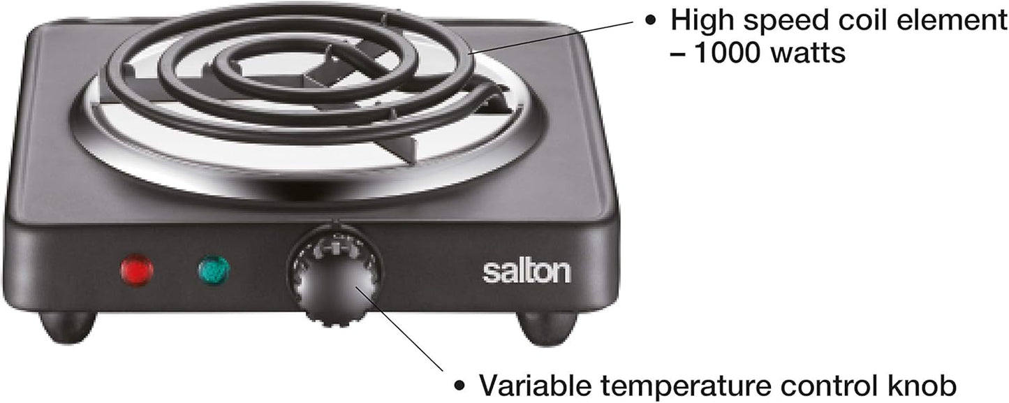 Salton Single Coil Portable Electric Cooktop | 1000 Watts | Lightweight & Compact | Variable Temperature Control | Perfect for Dorms, Offices, Camping | Black | 100% Canadian-owned & operated