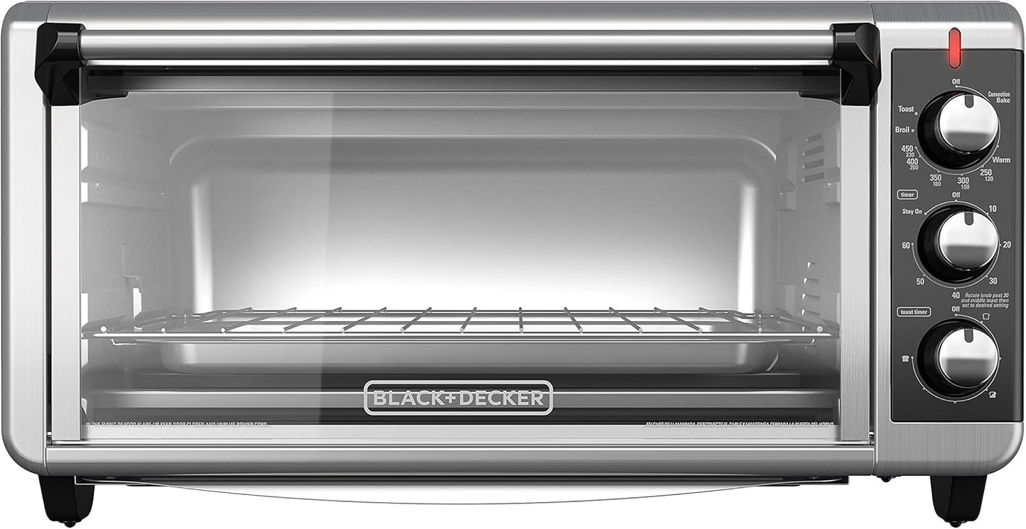 BLACK+DECKER TO3250XSB 8-Slice Extra Wide Convection Countertop Toaster Oven, Includes Bake Pan, Broil Rack & Toasting Rack, Stainless Steel/Black