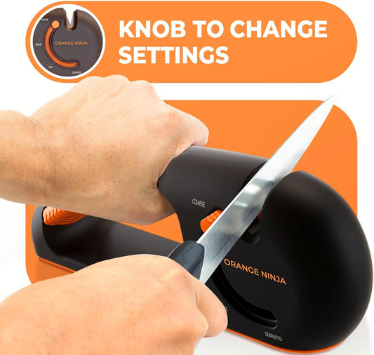 Orange Ninja 4-Stage Knife Sharpener - Premium Kitchen Knife Sharpeners - Adjustable Handheld Manual Knife Sharpeners for Kitchen Knives, Knife Sharpener, Chefs & Serrated Knife by Sharp Pebble