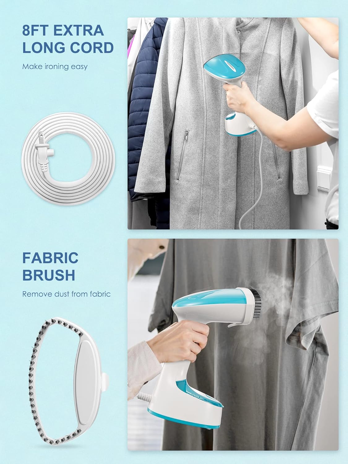 Reemix Steamer for Clothes, 1200W Foldable Clothes Steamer, Handheld Garment Steamer, Fast Heat-up, Auto-Off, Steam Iron for Fabric Wrinkle Remover with Brush (Crystal Blue)