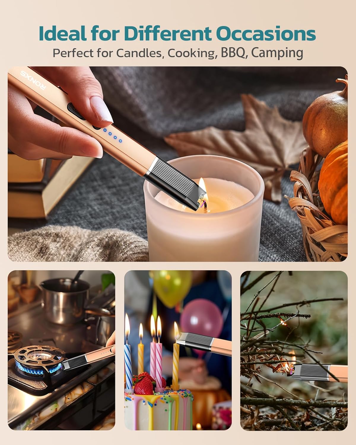 RONXS Lighter, Electric Candle Lighters Type C Rechargeable Lighter with Battery Indicator Windproof Arc Lighters for Candle Grill BBQ Stove Fireplace, Hanging Hook (Champagne, 1)