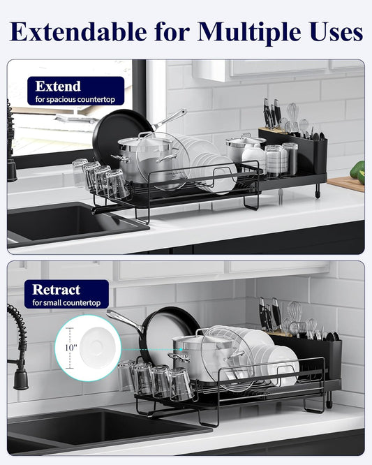 Kitsure Large Dish Drying Rack - Extendable Stainless Steel, Anti-Rust Kitchen Counter Rack with Cutlery & Cup Holders, 67.8 x 32.7 x 14.9cm, Black - PuriLite