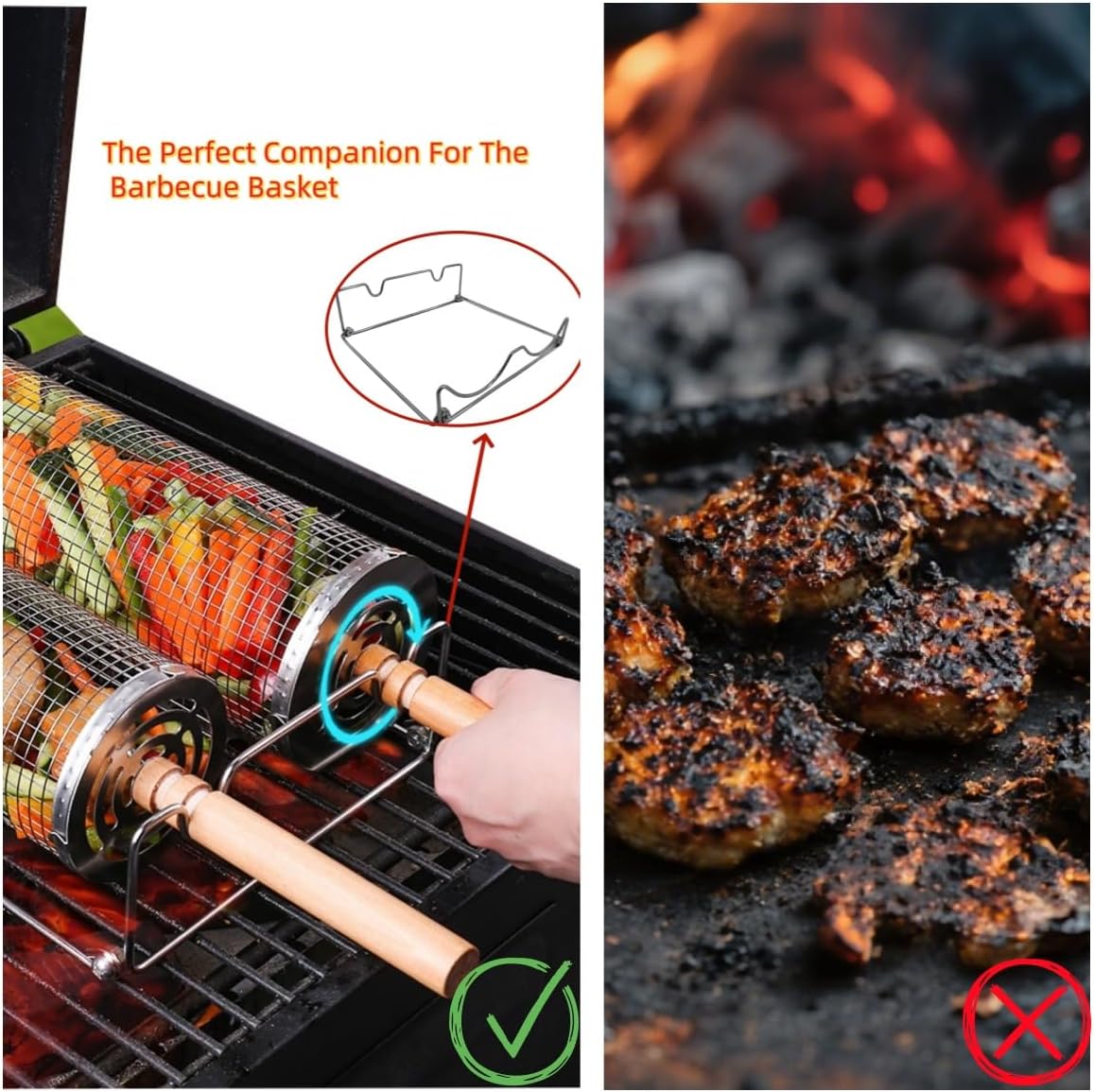 2-Piece Rolling Grill Basket Set with Removable Wooden Handle, 304 Stainless Steel BBQ Grilling Baskets for Vegetables, Meat and Seafood, Outdoor Camping and Picnic Accessories