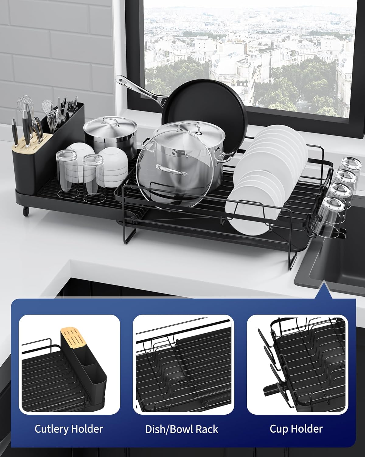 Kitsure Large Dish Drying Rack - Extendable Stainless Steel, Anti-Rust Kitchen Counter Rack with Cutlery & Cup Holders, 67.8 x 32.7 x 14.9cm, Black - PuriLite