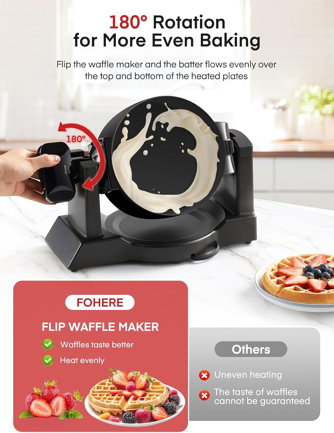 FOHERE Waffle Maker, 8-Slice Belgian Waffle Maker, 180° Rotating Waffle Iron with Double Waffle Plates, Nonstick Plates and Removable Drip Tray, Cool Touch Handle (Large)