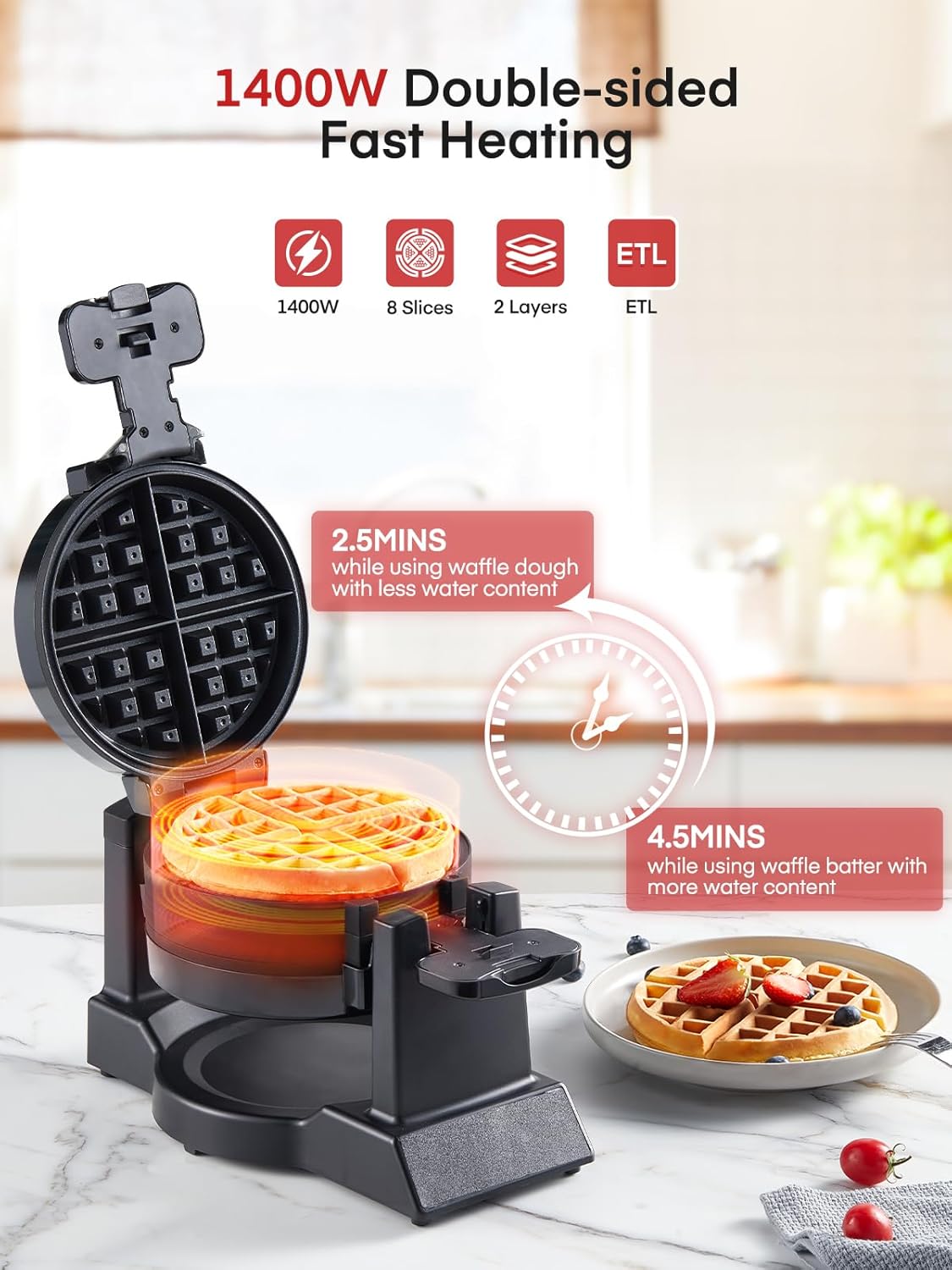FOHERE Waffle Maker, 8-Slice Belgian Waffle Maker, 180° Rotating Waffle Iron with Double Waffle Plates, Nonstick Plates and Removable Drip Tray, Cool Touch Handle (Large)
