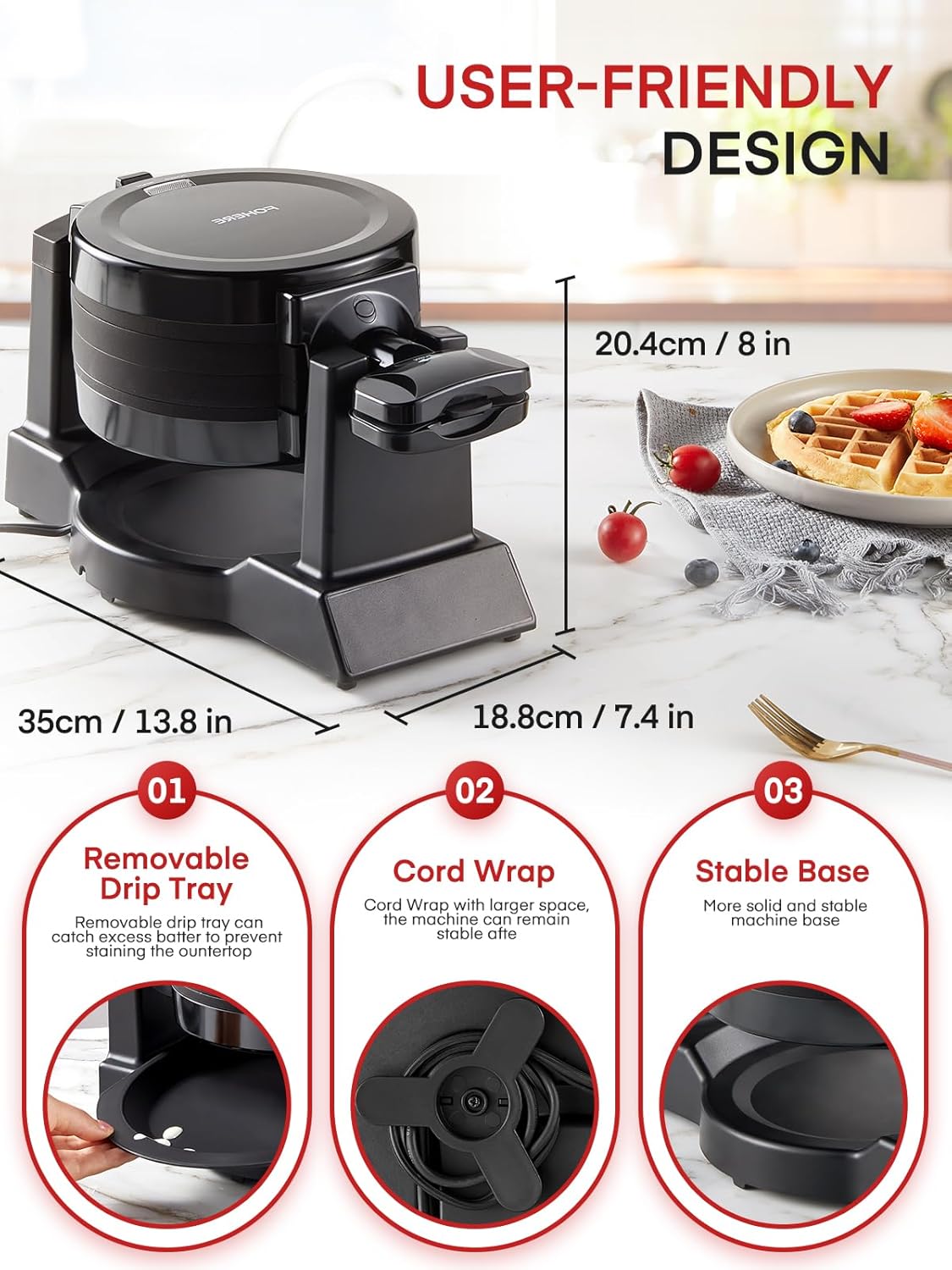 FOHERE Waffle Maker, 8-Slice Belgian Waffle Maker, 180° Rotating Waffle Iron with Double Waffle Plates, Nonstick Plates and Removable Drip Tray, Cool Touch Handle (Large)