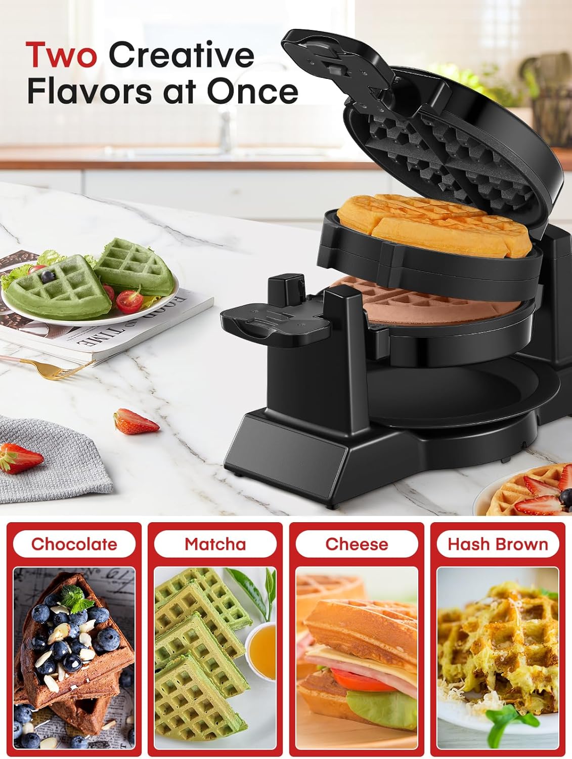 FOHERE Waffle Maker, 8-Slice Belgian Waffle Maker, 180° Rotating Waffle Iron with Double Waffle Plates, Nonstick Plates and Removable Drip Tray, Cool Touch Handle (Large)