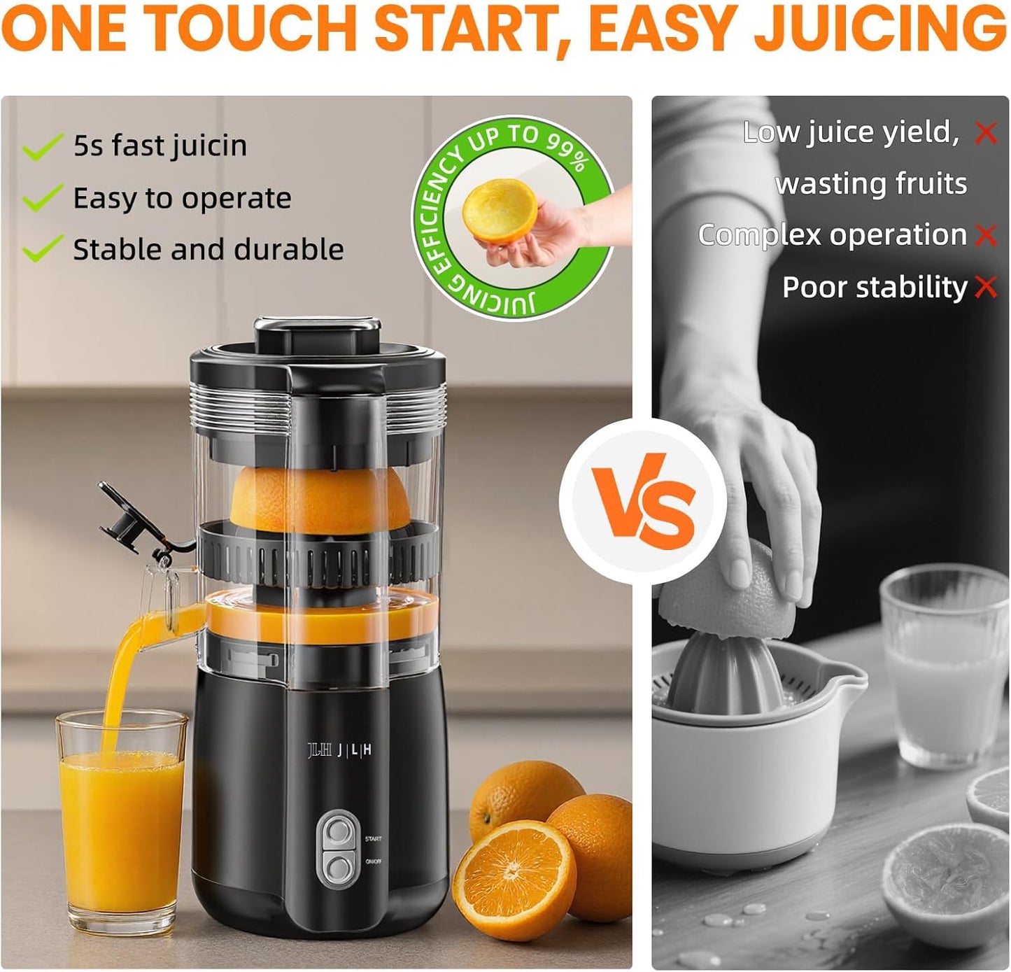 JLH Hands-Free Citrus Juicer Machine – 100W Powerful Motor,Lemon Squeezer with Cleaning Brush, Ideal for Oranges, Lemons, Grapefruits, Pomegranates, Watermelon (Grey)