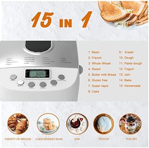 Davivy 3LB Bread Maker Machine with 2 Dough Kneading Paddle Dough Maker,15-in-1 Automatic Bread Machine Nonstick Bowl For Bread, Jam& Yogurt, 3 Loaf Sizes and 3 crust settings(silver)